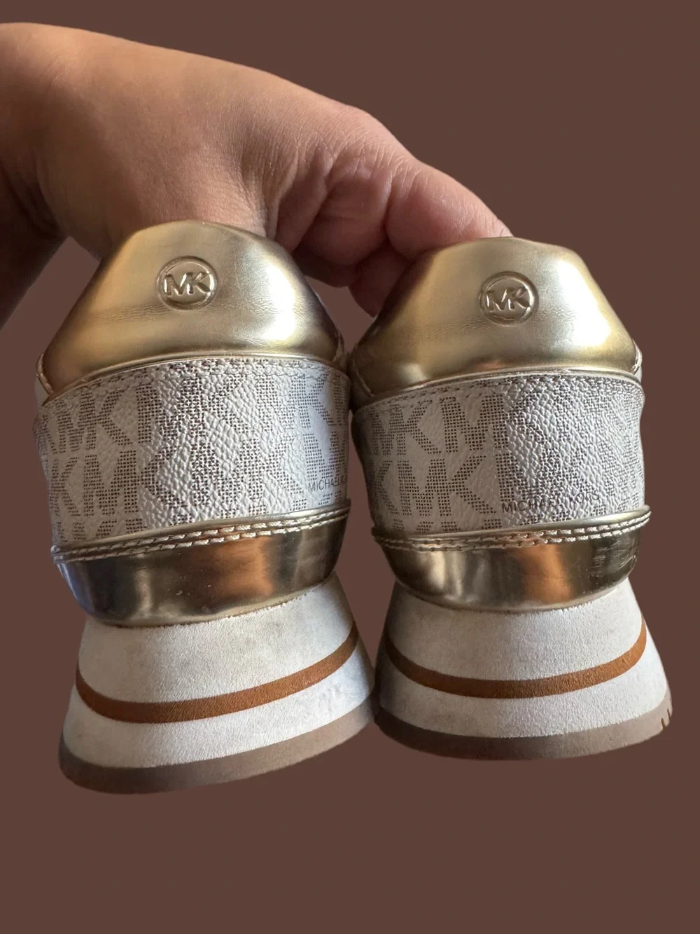 Michael Kors Cream and Brown Leather-Trim Lace-Up Sneakers